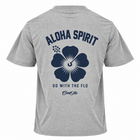 Back view of Cool Flo grey t-shirt  featuring a large navy graphic print of a hibiscus flower with the text 'ALOHA SPIRIT' above it and 'GO WITH THE FLO' and a Cool Flo script logo below it.