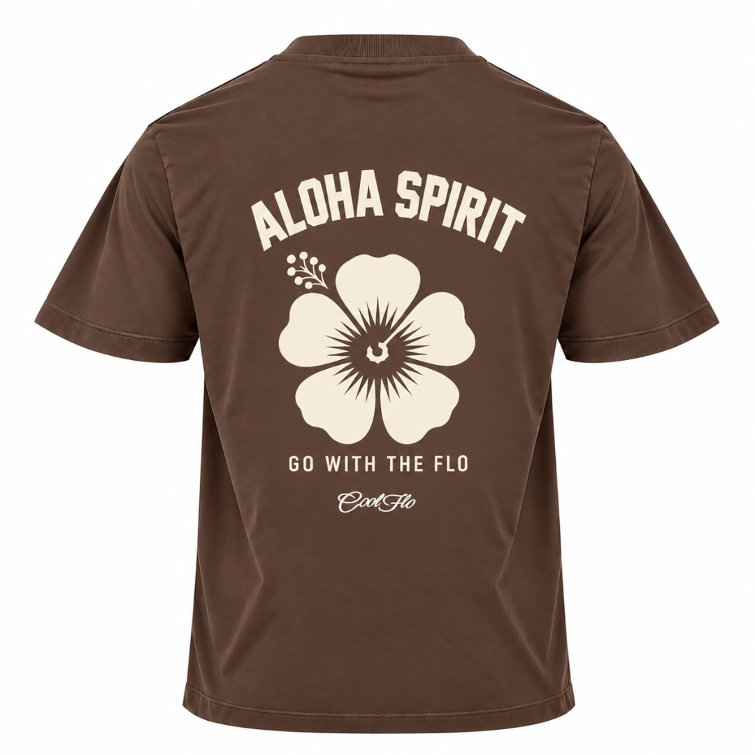 Back view of Cool Flo mocha t-shirt  featuring a large cream graphic print of a hibiscus flower with the text 'ALOHA SPIRIT' above it and 'GO WITH THE FLO' and a Cool Flo script logo below it.