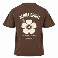 Back view of Cool Flo mocha t-shirt  featuring a large cream graphic print of a hibiscus flower with the text 'ALOHA SPIRIT' above it and 'GO WITH THE FLO' and a Cool Flo script logo below it.