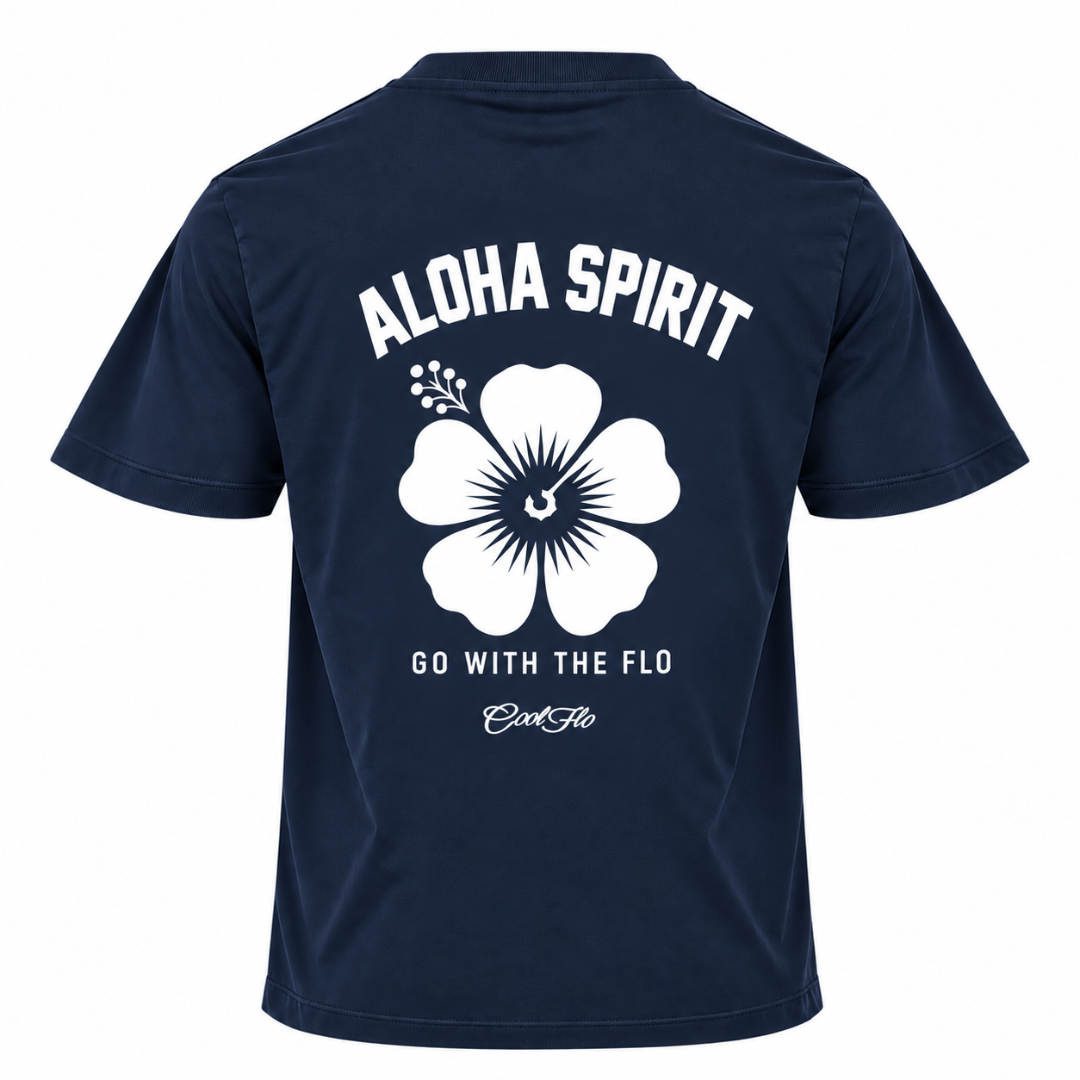 Back view of Cool Flo navy t-shirt  featuring a large white graphic print of a hibiscus flower with the text 'ALOHA SPIRIT' above it and 'GO WITH THE FLO' and a Cool Flo script logo below it.