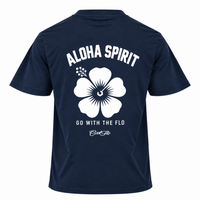 Back view of Cool Flo navy t-shirt  featuring a large white graphic print of a hibiscus flower with the text 'ALOHA SPIRIT' above it and 'GO WITH THE FLO' and a Cool Flo script logo below it.