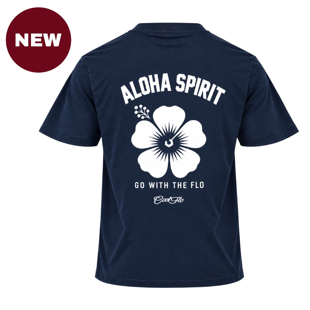 'NEW' Back view of Cool Flo navy blue  t-shirt, featuring a white graphic print that reads 'ALOHA SPIRIT.' with A hibiscus flower illustration and tehe strapline 'GO WITH THE FLO' and a central 'Cool Flo' logo below.