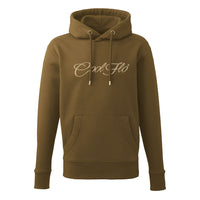 Khaki hoody with large embroidered 25cm logo in cream.