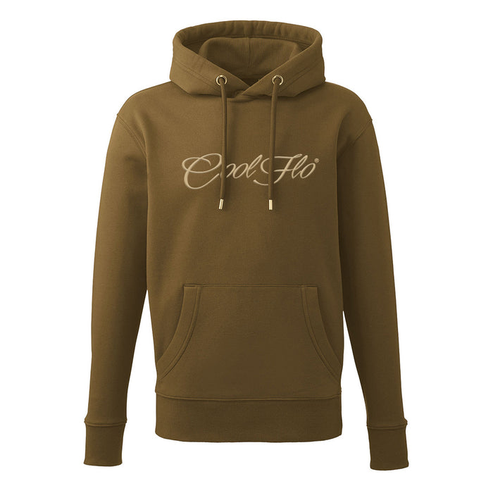 Khaki hoody with large embroidered 25cm logo in cream.