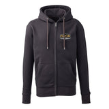 Charcoal zip hoody with 3d puff embroidered badge in grey, black, white and golden yellow.