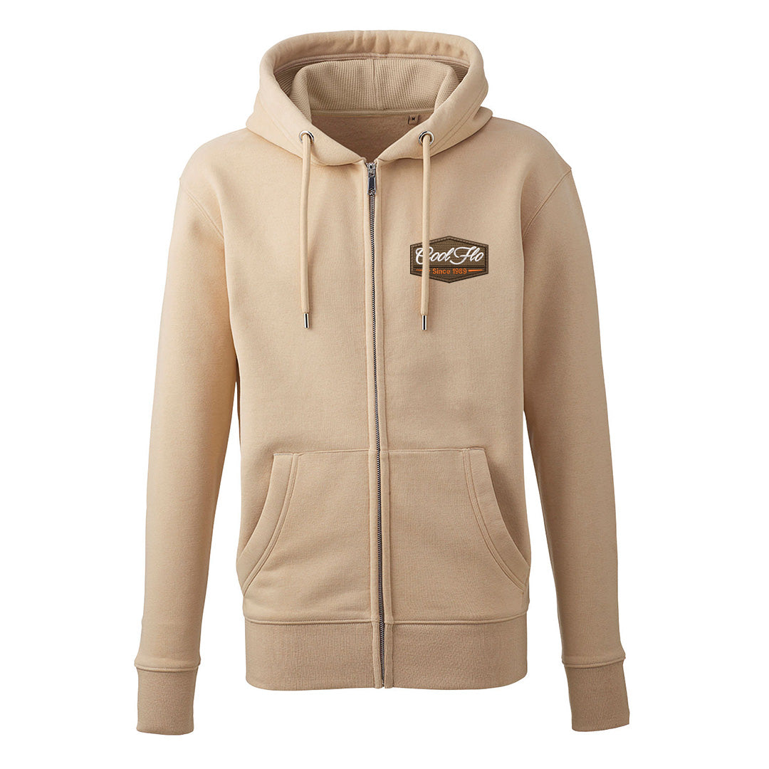 Desert Sand zip hoody with 3D puff embroidered badge in brown, white and orange.