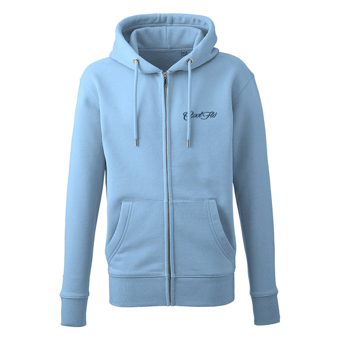 Cool Flo light blue zip-hoody with dark blue embroidered logo.