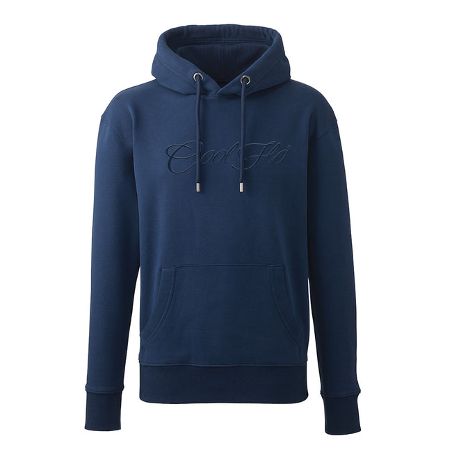 Navy blue hoody with large Cool Flo  script logo in matching high-build 3D embroidery.