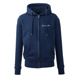 Navy zip-hoody with light grey embroidered Cool Flo script logo on left chest.