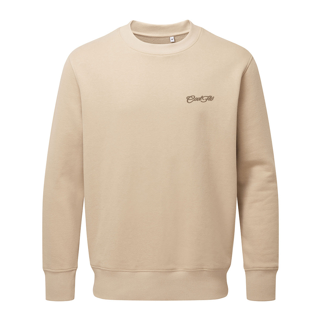 Desert Sand sweatshirt with Cool Flo script logo embroidered on left in brown.