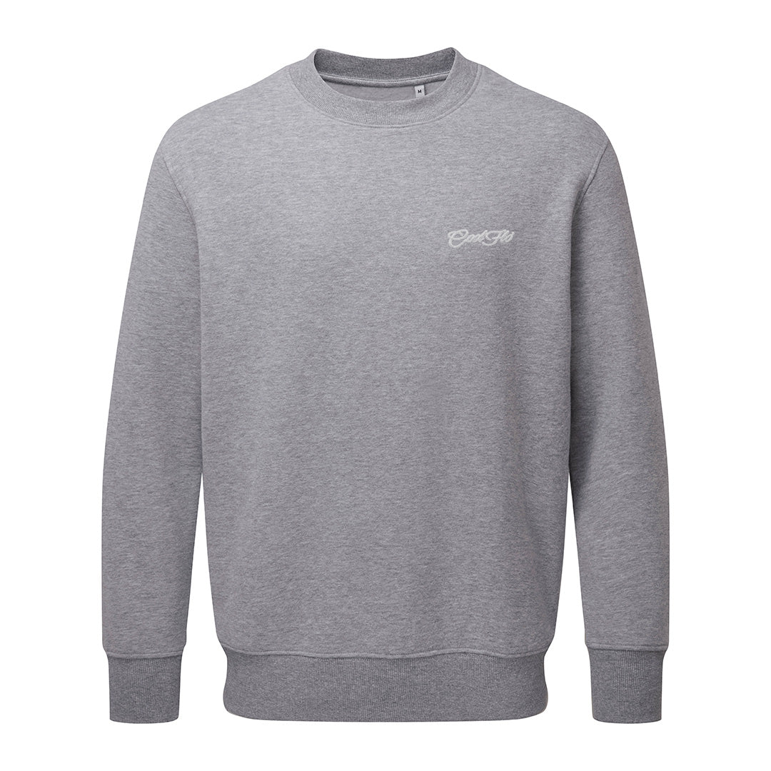 Grey sweatshirt with embroidered Cool Flo logo in silver. 