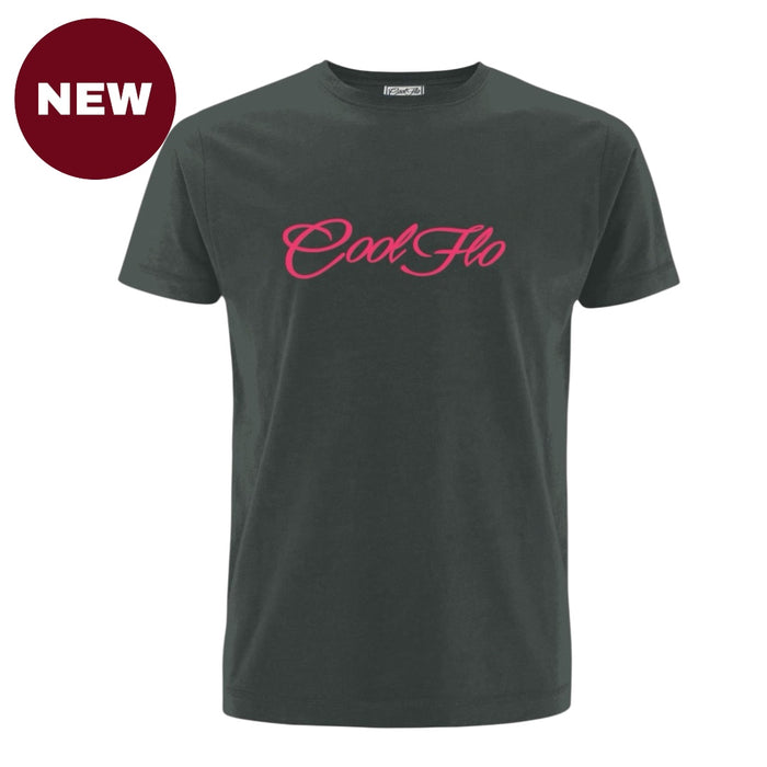 'NEW' Anthracite grey short-sleeve t-shirt with the 'Cool Flo' script logo printed across the chest in a fuschia pink cursive script.