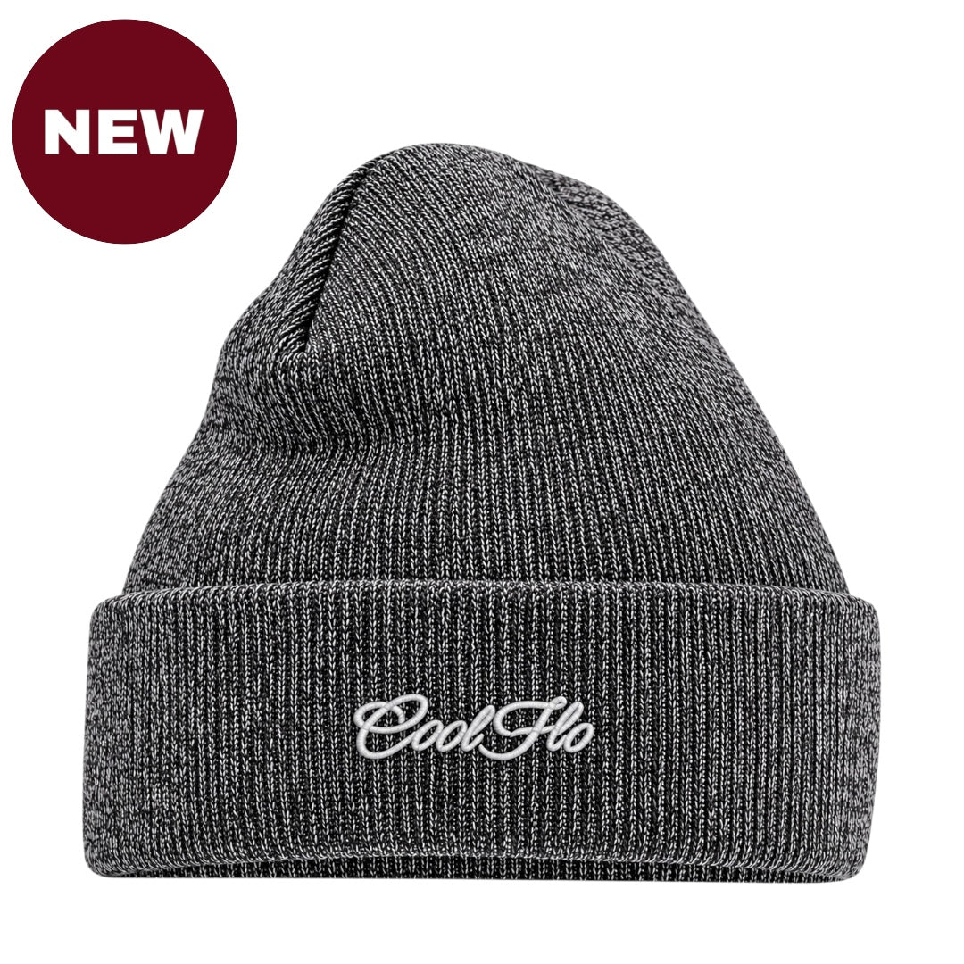 'NEW' Cool Flo Dark Heather Grey beanie with white script logo embroidered on the cuff.