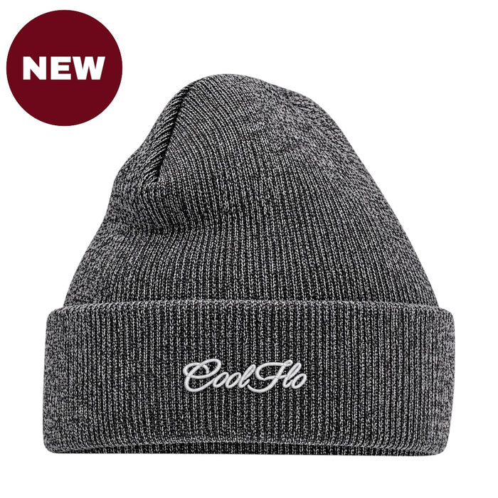'NEW' Cool Flo Dark Heather Grey beanie with white script logo embroidered on the cuff.