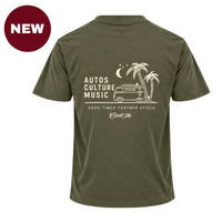 'NEW' Back view of Cool Flo khaki t-shirt, featuring a cream graphic print that reads 'AUTOS CULTURE MUSIC' with an illustration of palm trees, a VW bus and surf board sitting above the phrase 'GOOD TIMES FURTHER AFIELD' and a central 'Cool Flo' logo.