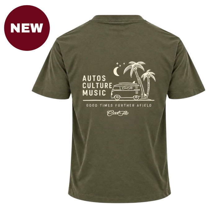 'NEW' Back view of Cool Flo khaki t-shirt, featuring a cream graphic print that reads 'AUTOS CULTURE MUSIC' with an illustration of palm trees, a VW bus and surf board sitting above the phrase 'GOOD TIMES FURTHER AFIELD' and a central 'Cool Flo' logo.