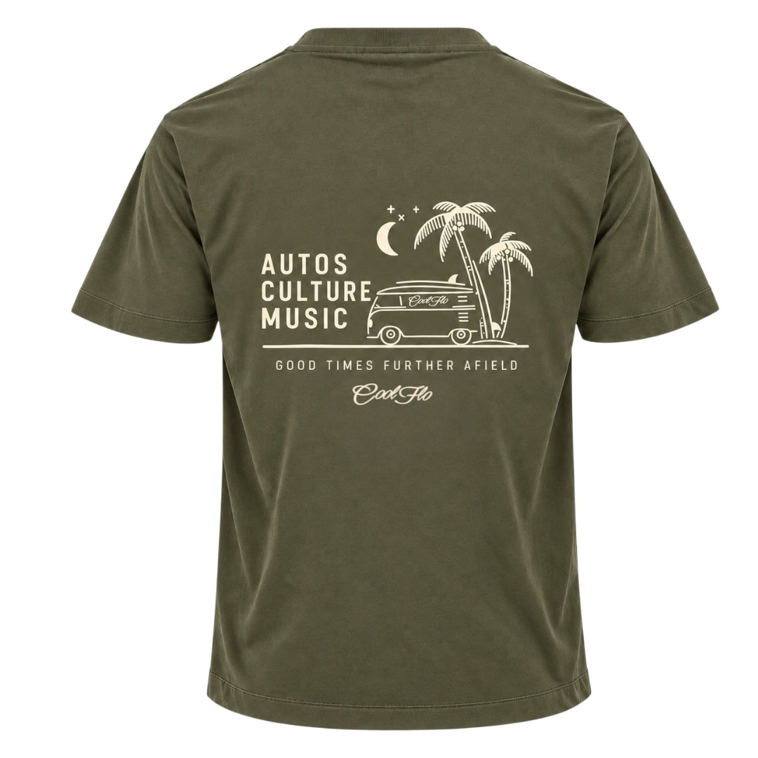 Back view of Cool Flo khaki t-shirt, featuring a cream graphic print that reads 'AUTOS CULTURE MUSIC' with an illustration of palm trees, a VW bus and surf board sitting above the phrase 'GOOD TIMES FURTHER AFIELD' and a central 'Cool Flo' logo.
