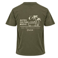 Back view of Cool Flo khaki t-shirt, featuring a cream graphic print that reads 'AUTOS CULTURE MUSIC' with an illustration of palm trees, a VW bus and surf board sitting above the phrase 'GOOD TIMES FURTHER AFIELD' and a central 'Cool Flo' logo.