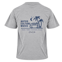 Back view of Cool Flo grey t-shirt, featuring a navy graphic print that reads 'AUTOS CULTURE MUSIC' with an illustration of palm trees, a VW bus and surf board sitting above the phrase 'GOOD TIMES FURTHER AFIELD' and a central 'Cool Flo' logo.