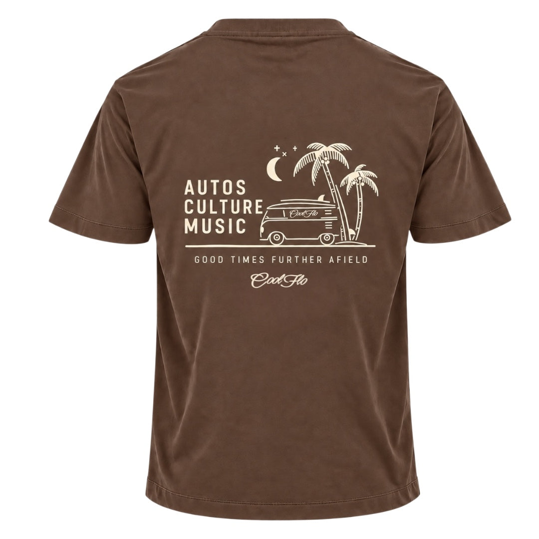 Back view of Cool Flo mocha t-shirt, featuring a cream graphic print that reads 'AUTOS CULTURE MUSIC' with an illustration of palm trees, a VW bus and surf board sitting above the phrase 'GOOD TIMES FURTHER AFIELD' and a central 'Cool Flo' logo.