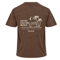 Back view of Cool Flo mocha t-shirt, featuring a cream graphic print that reads 'AUTOS CULTURE MUSIC' with an illustration of palm trees, a VW bus and surf board sitting above the phrase 'GOOD TIMES FURTHER AFIELD' and a central 'Cool Flo' logo.