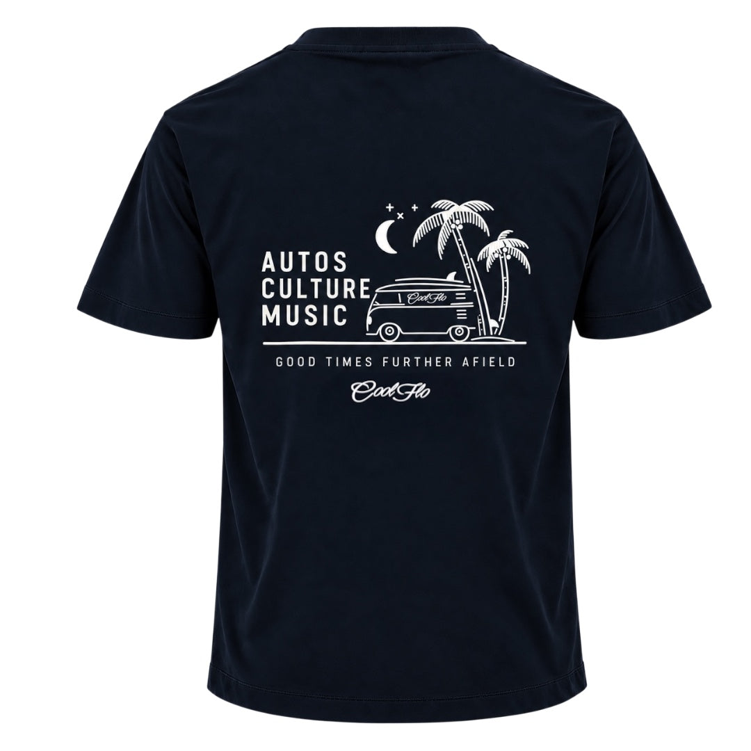 Back view of Cool Flo navy blue t-shirt, featuring a white graphic print that reads 'AUTOS CULTURE MUSIC' with an illustration of palm trees, a VW bus and surf board sitting above the phrase 'GOOD TIMES FURTHER AFIELD' and a central 'Cool Flo' logo.