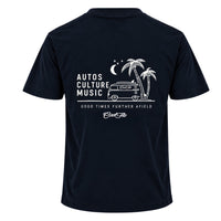 Back view of Cool Flo navy blue t-shirt, featuring a white graphic print that reads 'AUTOS CULTURE MUSIC' with an illustration of palm trees, a VW bus and surf board sitting above the phrase 'GOOD TIMES FURTHER AFIELD' and a central 'Cool Flo' logo.