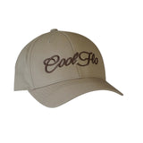 Khaki baseball cap with a 12cm brown script logo embroidered on the front of the cap.