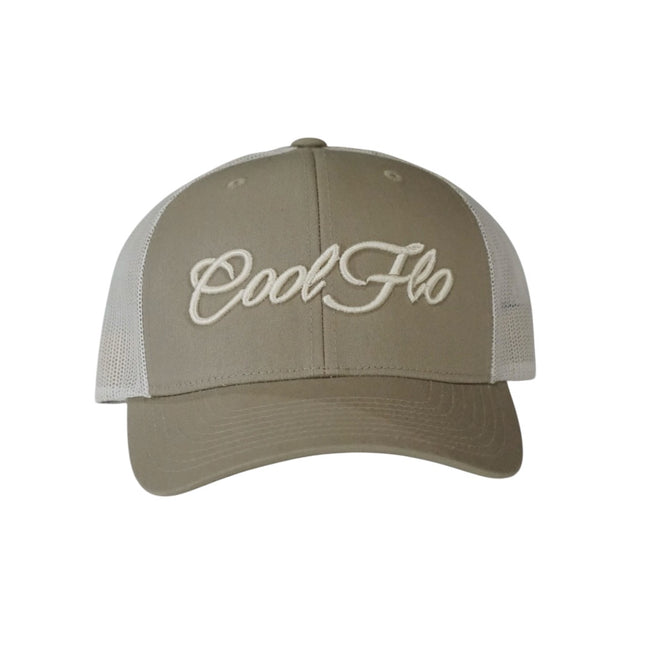 Two tone trucker cap in pale khaki and birch with matching 3D logo embroidered on the front. 