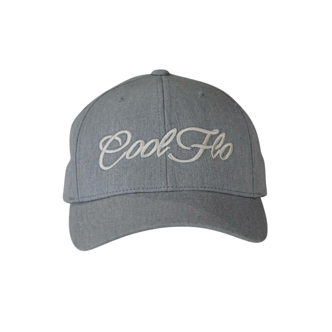 Heather grey baseball cap with a 12cm light grey script logo embroidered on the front of the cap.