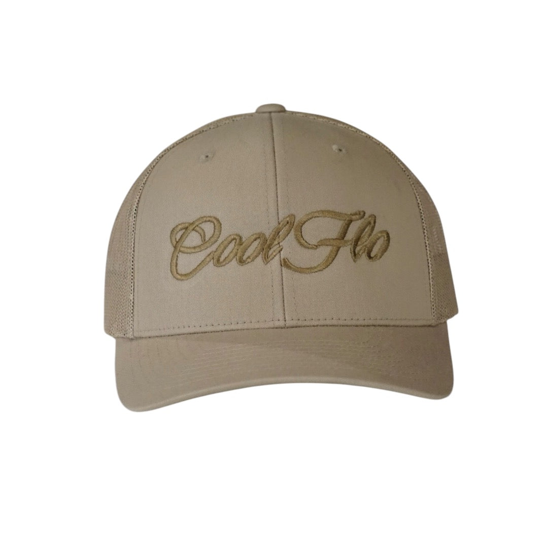 Khaki Trucker cap with matching script logo embroidered on the front. 