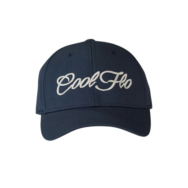 Navy baseball cap with a 12cm  embroidered script logo in silver on the front of the cap.