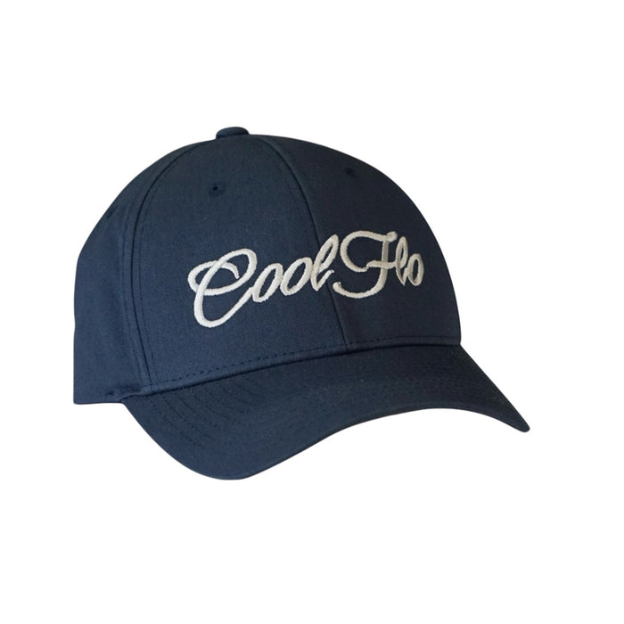 Navy baseball cap with a 12cm  embroidered script logo in silver on the front of the cap.