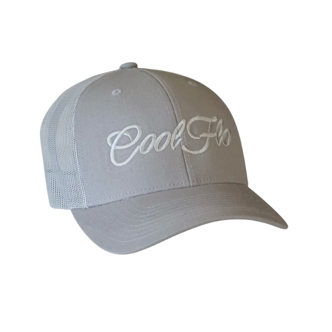 Silver Trucker Cap matching script logo embroidered on the front. 