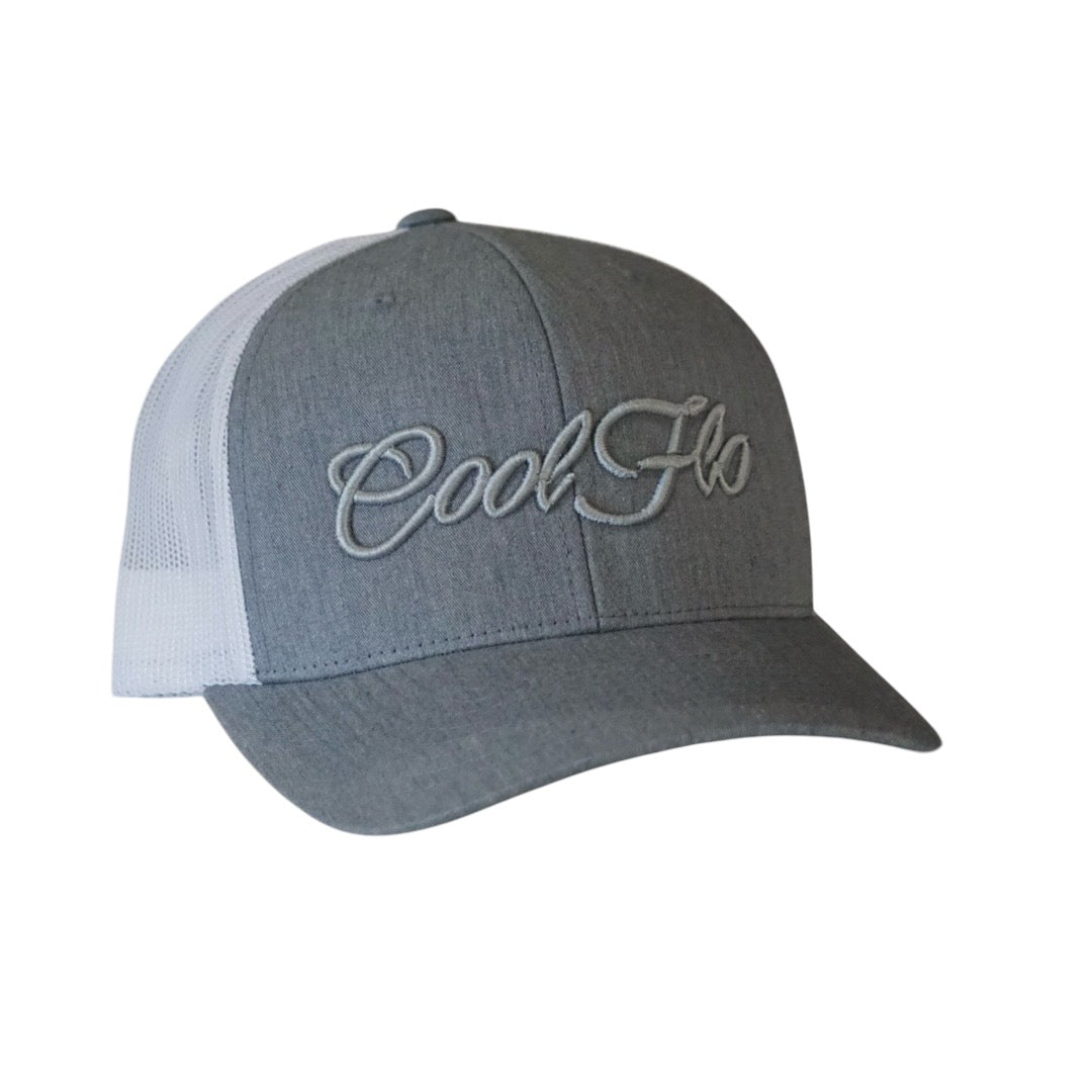 Two tone trucker cap in heather and white with matching 3D logo embroidered on the front. 