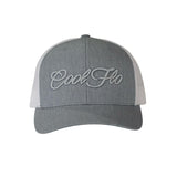 Two tone trucker cap in heather and white with matching 3D logo embroidered on the front. 