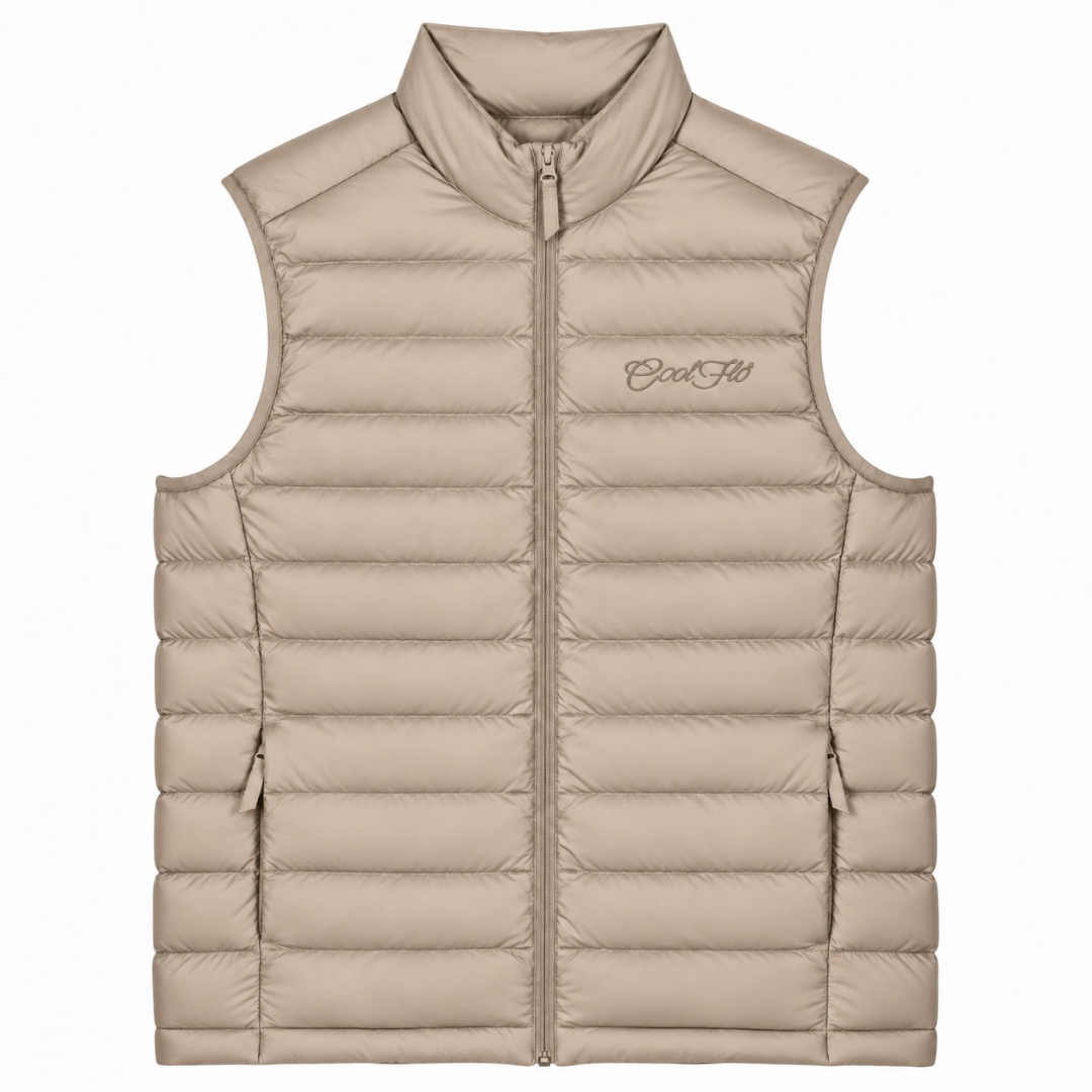 Cool Flo Puffer Gilet in desert dust with tonal embroidered Cool Flo Script logo, zippered pockets and quilted finish.
