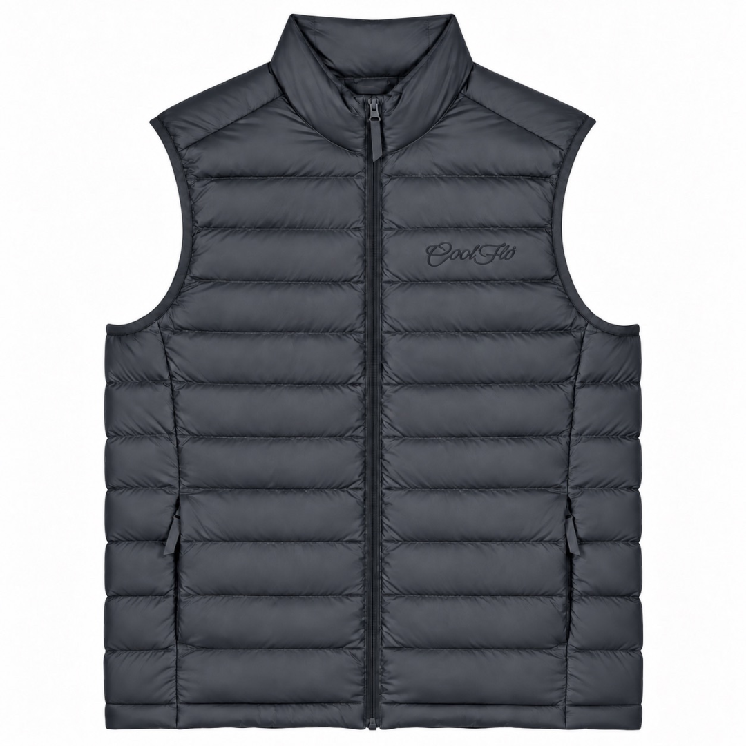Cool Flo Puffer Gilet in anthracite with tonal embroidered Script logo and quilted finish.
