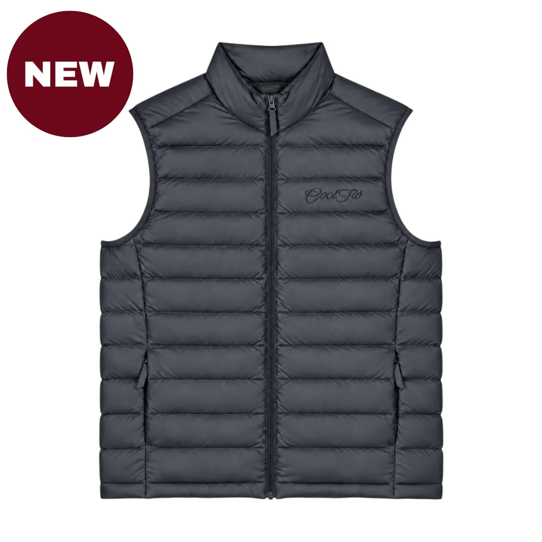 Cool Flo Puffer Gilet in anthracite with tonal embroidered Script logo and quilted finish.