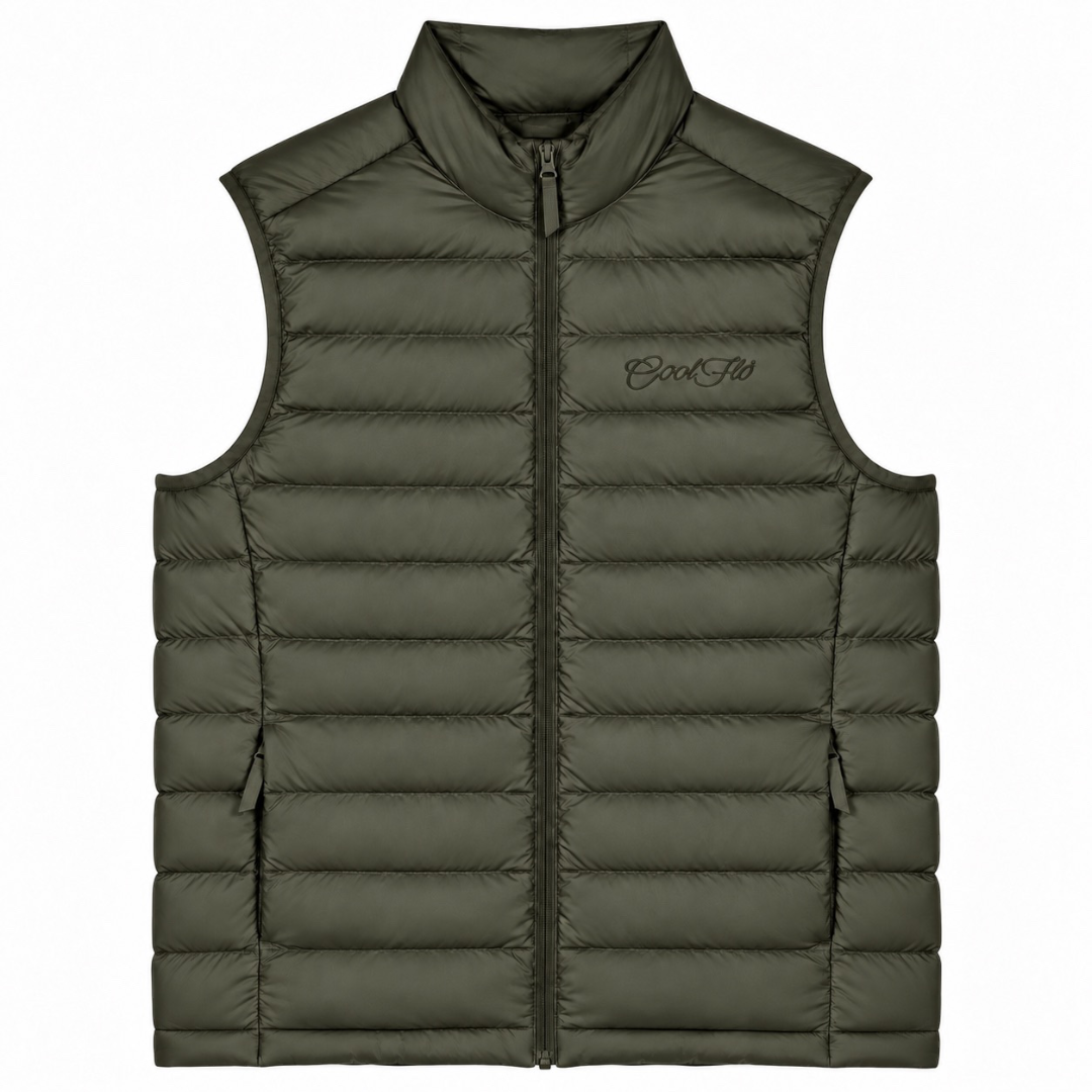 Cool Flo Puffer Gilet in Khaki with tonal embroidered Cool Flo Script logo, zipped pockets and quilted finish.