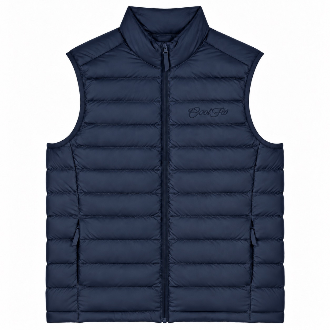 Cool Flo Puffer Gilet in navy with tonal embroidered Script logo and quilted finish.