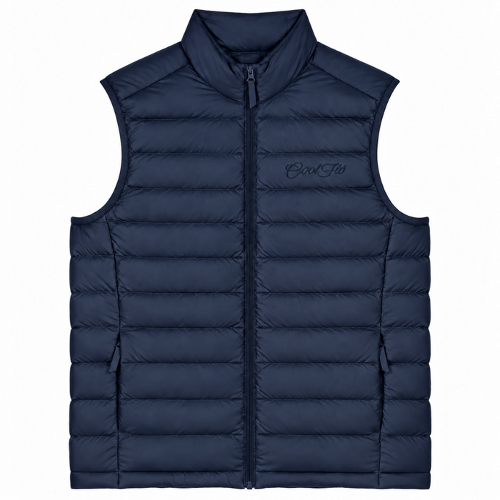 Cool Flo Puffer Gilet in navy with tonal embroidered Script logo and quilted finish.