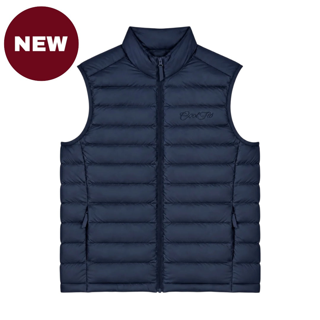 Cool Flo Puffer Gilet in navy with tonal embroidered Script logo and quilted finish.