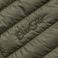 Close-up of tonal Cool Flo Script embroidery on a khaki quilted jacket.
