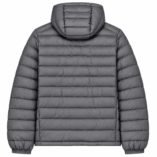 Back view of the Cool Flo Puffer Jacket in anthracite showing the hood and quilted finish.