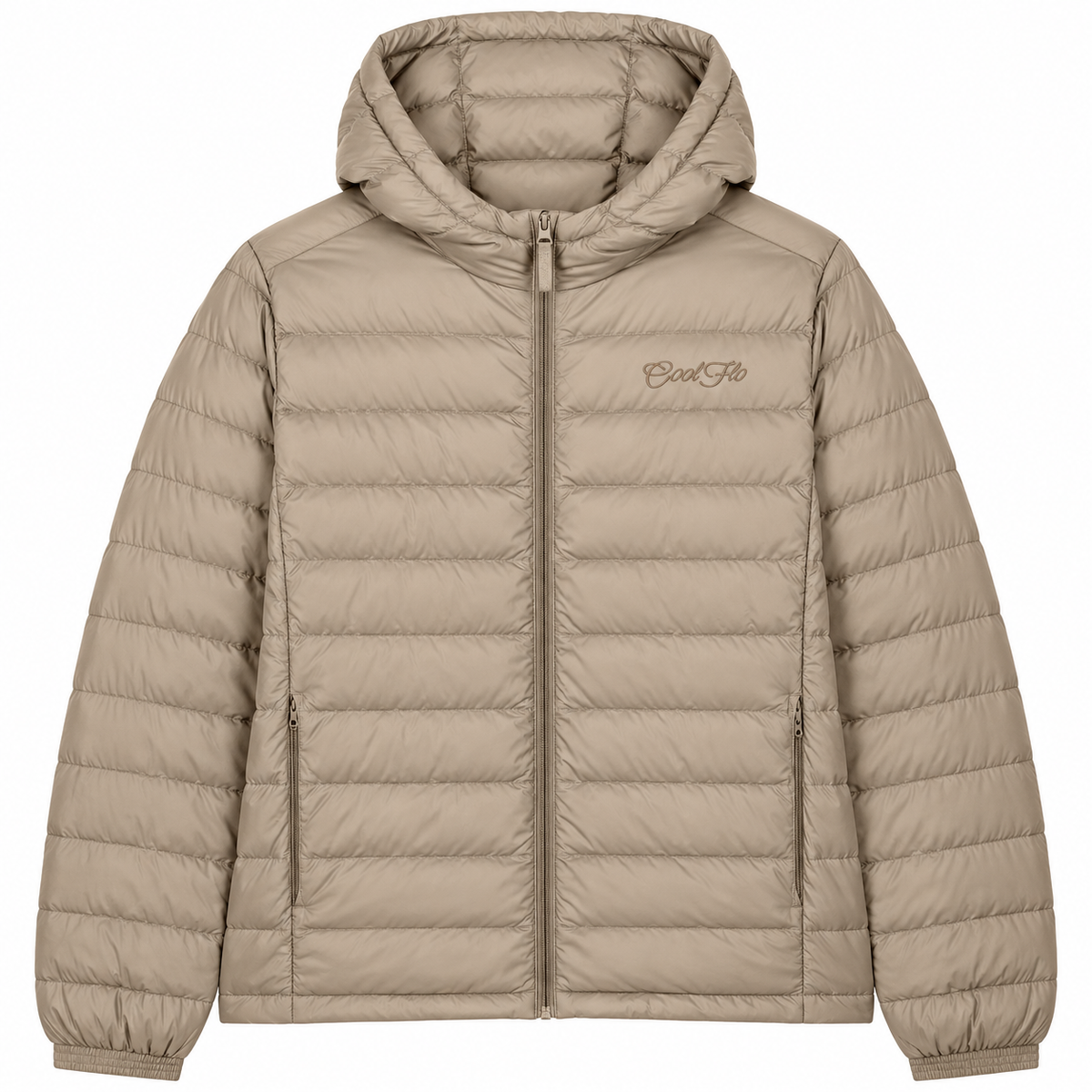 Cool Flo Puffer Jacket in desert dust with tonal embroidered Cool Flo Script logo, hood, zipped pockets and quilted finish.