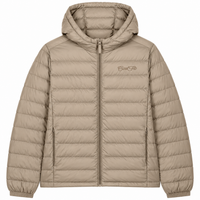 Cool Flo Puffer Jacket in desert dust with tonal embroidered Cool Flo Script logo, hood, zipped pockets and quilted finish.