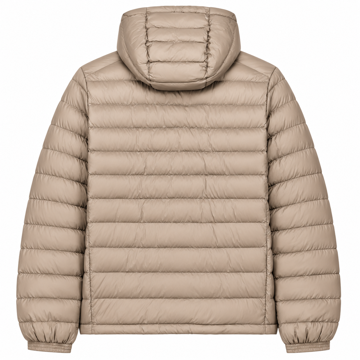 Back view of the Cool Flo Puffer Jacket in desert dust, showing the hood and quilted finish.