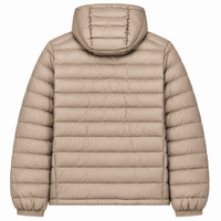 Back view of the Cool Flo Puffer Jacket in desert dust, showing the hood and quilted finish.