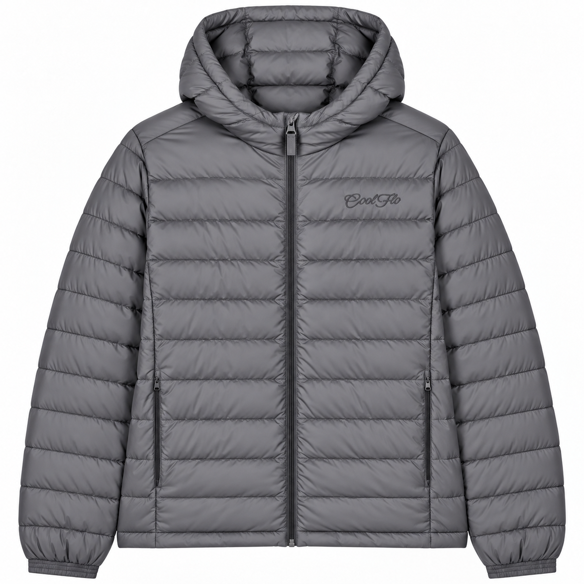 Cool Flo Puffer Jacket in anthracite with tonal embroidered Cool Flo Script logo, hood, zipped pockets and quilted finish.